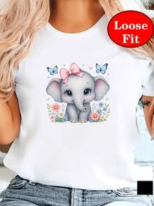 Camiseta de Manga Corta con Cuello Redondo, Estampado de Elefante Lindo y Lazo Rosa, Ropa Casual de Primavera-Verano, Tallas Grandes para Mujer - [Blanco] - Ver 3