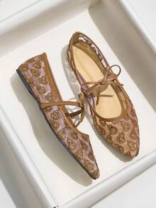 Plus Size Women's Mesh Bow Flat Loafers, Brown Pointed Toe Sequin Hollow Butterfly Pattern Breathable Versatile Ballet Shoes, Slip-On Dress Shoes For Summer - Brown - View 2