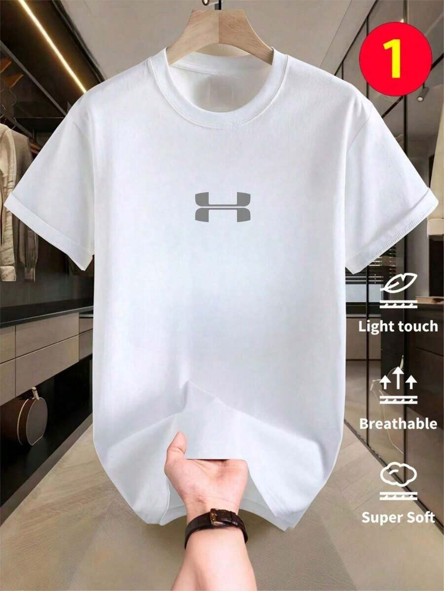Men's Crew Neck Cropped T-Shirt, Loose-Fitting And Versatile With A Fun Print Design That Brings Joy. Ideal For Vacations, Travel, And Recreational Activities. Soft, High-Quality Fabric Offers Maximum Comfort. - 白色的 - 查看 1