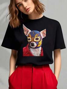 One piece,blusas de mujer blusas bonitas para mujeres ropa de mujer conjuntos para mujer,almacenes locales,Perro Luchador 189g camiseta negra y blanca,patrón de estampado máscara lucha libre,estampado de alta calidad,cuello redondo,corte básico holgado,hombres y mujeres,transpirable,secado rápido,versátil,lavable a máquina,cómoda,,diario,casual,deportes,imprescindible del verano-Vintage Street Style Unisexoose Cotton Short Sleeve Crew Neck T-Shirt - Negro - Ver 1