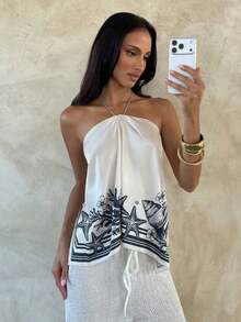 Blusa de mujer elegante con cuello de halter, estampado de tinte anudado y gasa para vacaciones en la playa - Multicolor 4 - Ver 4