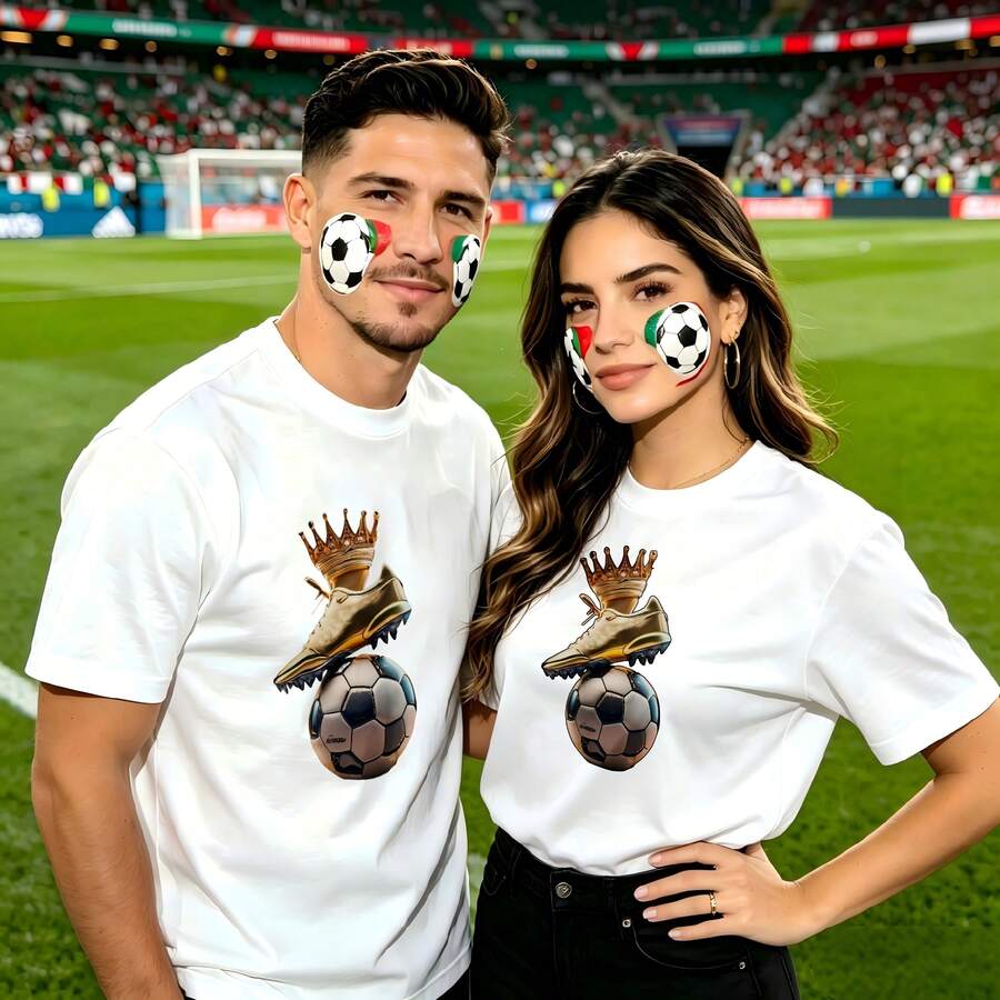 Couple Football Pattern T-Shirt, 100% Cotton, Loose Fitting, Soft And Breathable, Casual Round Neck Short Sleeved Top Golden Boot Crown Soccer Ball Printed Patterns, Dating, Leisure Travel, Gatherings, Simple Cartoon Printing Style, High Cost-Effectiveness Suitable For Watching Live Sports Games, - 白色 - 查看 1