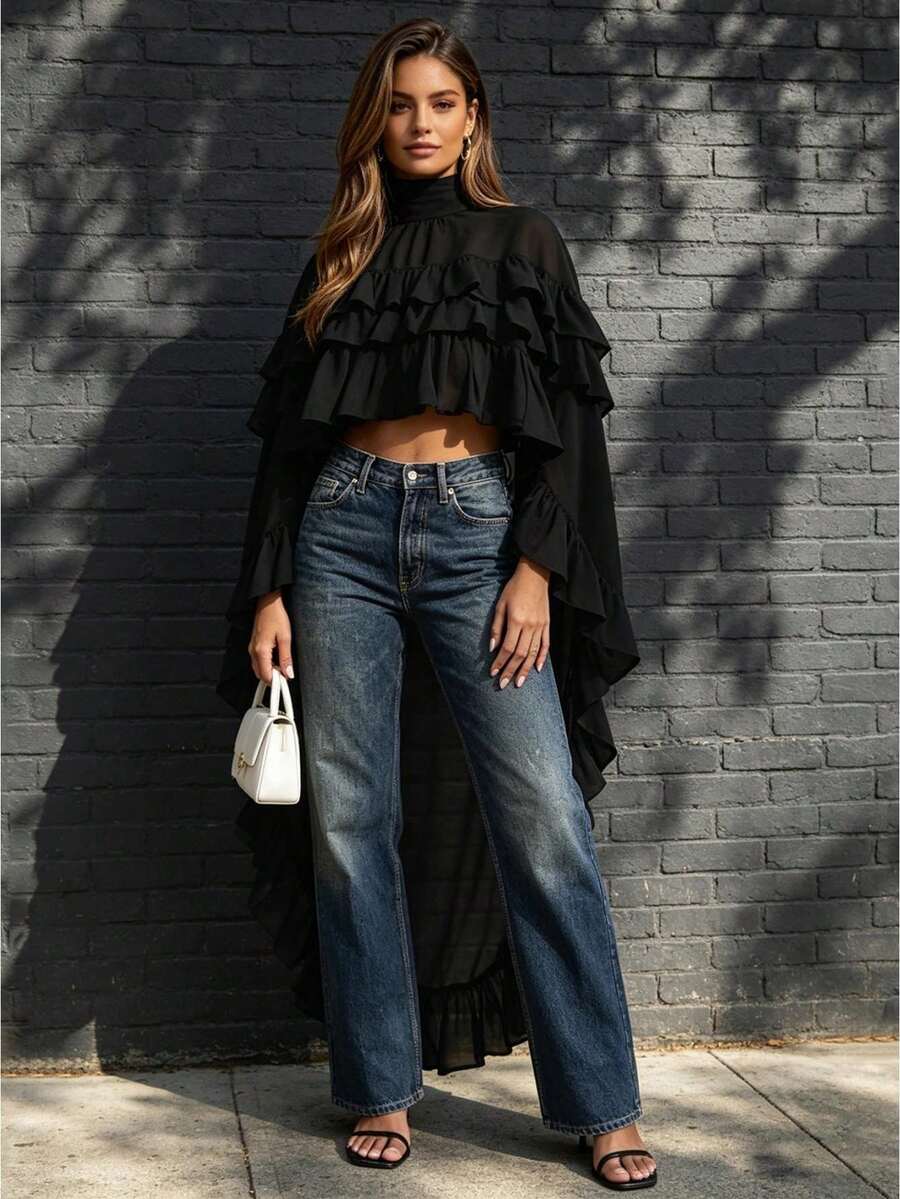 Blusa de Mujer con Capa y Volantes, Cuello Alto, Chifón Transparente, Largo Fluido, Elegante para Fiestas y Calle de Verano - Negro - Ver 1