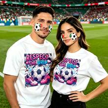 Couple football pattern T-shirt, 100% cotton, loose fitting, soft and breathable, casual round neck short sleeved top Respect The Drip Soccer Ball Shoes Printed patterns, dating, leisure travel, gatherings, simple cartoon printing style, high cost-effectiveness Suitable for watching live sports - Blanco - Ver 1