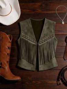 Chaqueta casual de mujer con flecos de gamuza, decoración de remaches, estilo bohemio, versátil para uso diario, vacaciones, trabajo, estilo francés elegante, sin mangas, beige, para principios de primavera/primavera y verano - Verde militar - Ver 1