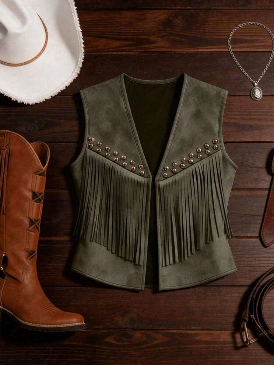 Chaqueta casual de mujer con flecos de gamuza, decoración de remaches, estilo bohemio, versátil para uso diario, vacaciones, trabajo, estilo francés elegante, sin mangas, beige, para principios de primavera/primavera y verano - Verde militar - Ver 1