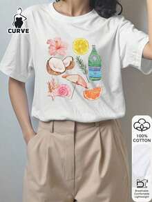 Blusa de manga corta de 100% algodón con estampado de árboles de coco para mujer de talla grande, camiseta gráfica, tela suave, ropa de algodón, ropa para exteriores, estampado impreso, camiseta de verano, top de verano, atuendo de vacaciones, ropa de viaje, estilo de playa blanco - Blanco - Ver 1