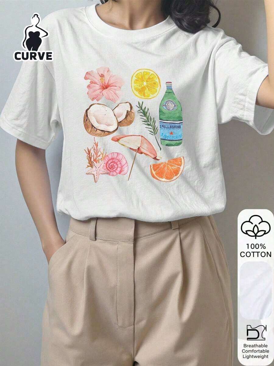 Blusa de manga corta de 100% algodón con estampado de árboles de coco para mujer de talla grande, camiseta gráfica, tela suave, ropa de algodón, ropa para exteriores, estampado impreso, camiseta de verano, top de verano, atuendo de vacaciones, ropa de viaje, estilo de playa blanco - Blanco - Ver 1