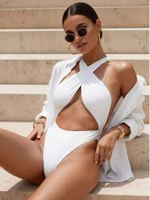 New Arrival Sexy Halter Backless One Piece Swimsuit To Show Your Great Figure, Perfect For Women On Vacation Summer Beach Elegant Black WUA8 - 白色 - 查看 1