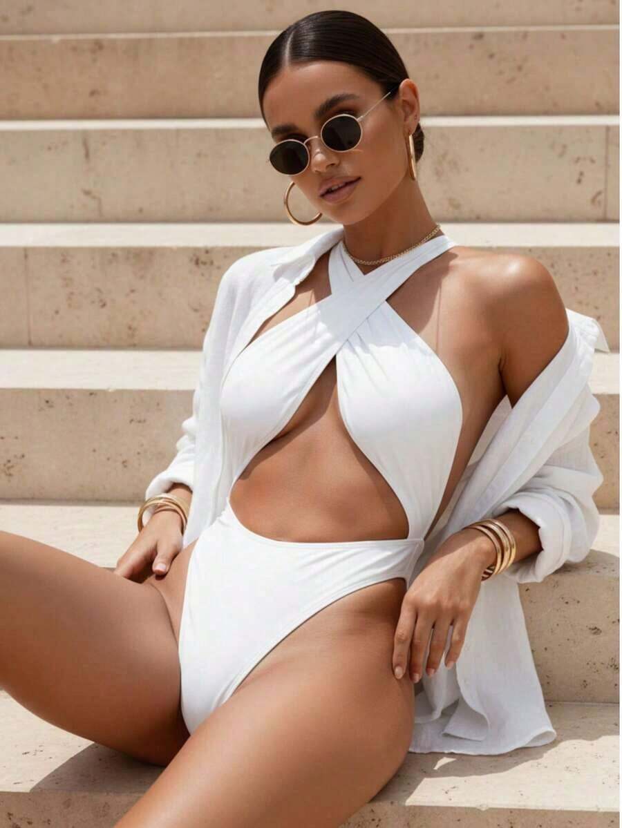 New Arrival Sexy Halter Backless One Piece Swimsuit To Show Your Great Figure, Perfect For Women On Vacation Summer Beach Elegant Black WUA8 - 白色 - 查看 1