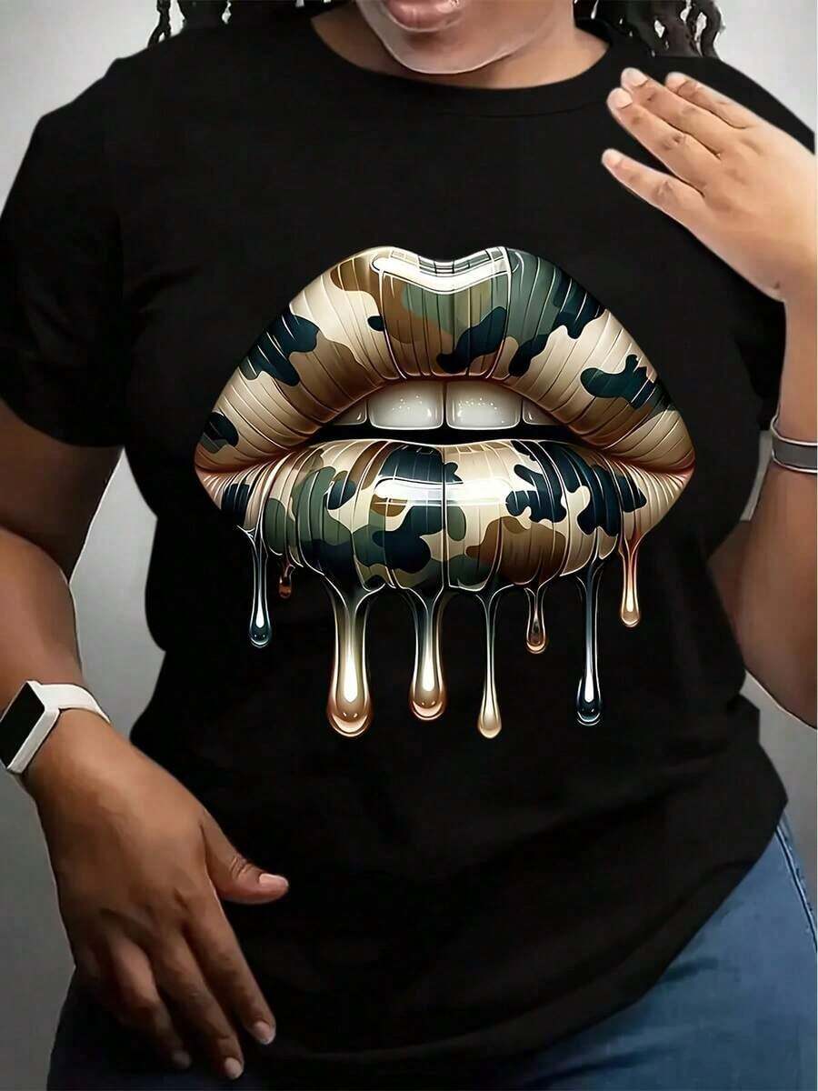 New Camouflage Lip Print T-Shirt, Casual Short Sleeve Round Neck Top, Machine Washable, Geometric Pattern T-Shirt For Spring/Summer, Comfortable And Casual, Women's T-Shirt, Soft Urban Retro Style, Unisex, Loose Fit, Pure Cotton, Short Sleeve Round Neck. - 黑色 - 查看 1