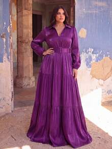 Plus Size Elegant Lantern Sleeve Ruffle Trim Chiffon Dress - Purple - View 1