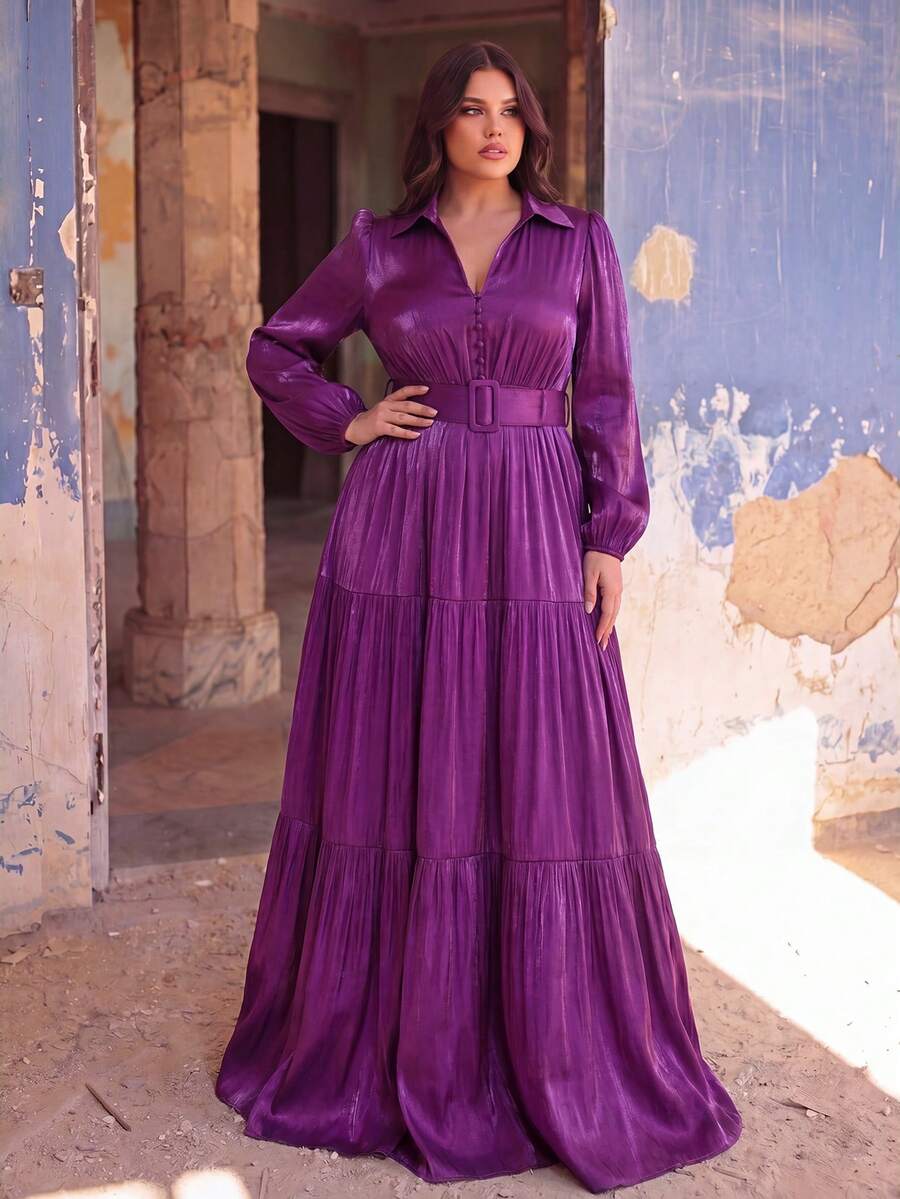 Plus Size Elegant Lantern Sleeve Ruffle Trim Chiffon Dress - Purple - View 1