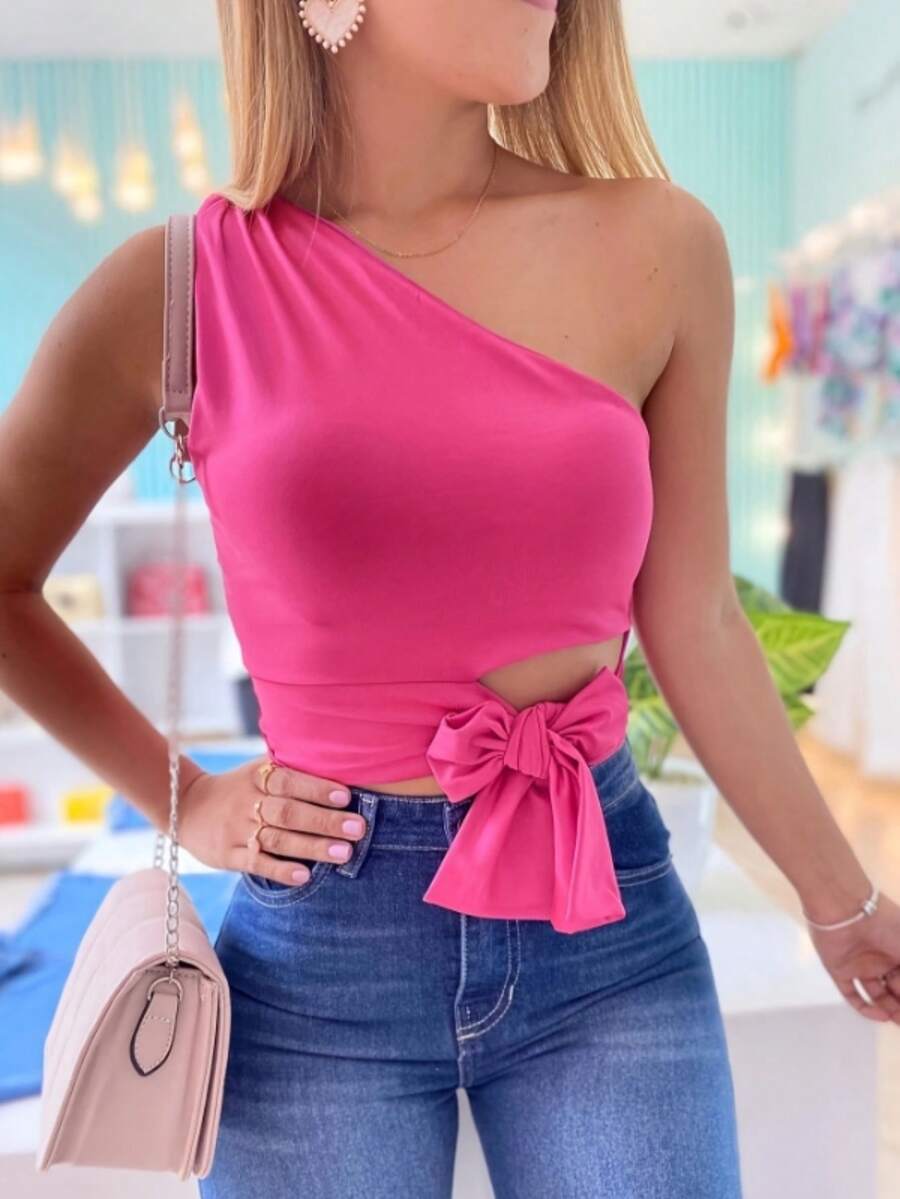 Women's Knitted Asymmetrical Neck Sleeveless Crop Top With Belt Detail Medium Stretch Fabric Summer - Hot Pink - View 1