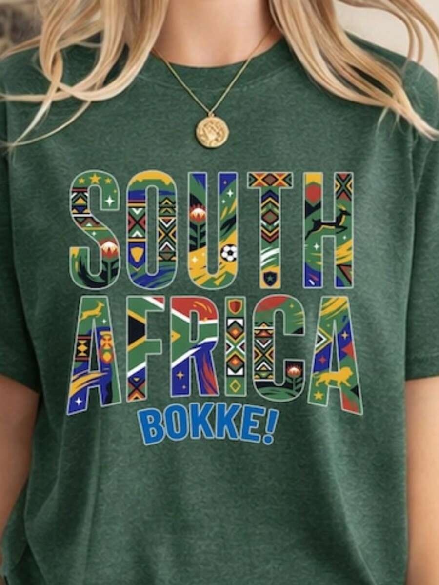 World Cup 2026 Country Teams Shirts, National Football Nations Shirts South Africa Camiseta informal de moda con estampado creativo para mujer, de manga corta y cuello redondo, para primavera y verano T-Shirt Women Festive Celebration Shirt Party Wear Top - Multicolor - Ver 1