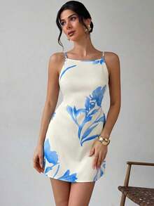 Vestido casual de mujer con estampado floral amarillo, de tirantes finos y espalda descubierta, vestido suelto de estilo hawaiano para vacaciones, vestidos de verano amarillo mantequilla para mujeres - Albaricoque - Ver 3
