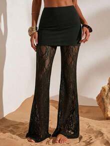 Pantalones elegantes de cintura alta con volantes de encaje para mujer, para citas, salidas nocturnas, para otoño e invierno - Negro 3 - Ver 6