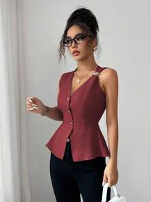 Nueva llegada Blusa de verano minimalista y elegante para mujer con diseño de hebilla de metal, cuello en V sin mangas y cintura ceñida a rayas de algodón cómodo - Burdeos - Ver 6