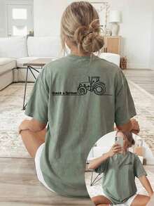 Summer Tops[Double-Sided Print] Women's T-Shirt, Short-Sleeved Round-Neck Casual Top, Featuring A Tractor Graphic With The Text "Thank A Farmer." Mach - Green - View 6