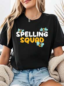 Ligera y transpirable, diseño divertido, los momentos alegres del equipo de abejas. Estampado de abejas de dibujos animados con la frase "SPELLING SQUAD", camiseta de mujer de corte holgado, estilo casual, cuello redondo, para primavera/verano. Ideal para combinar en conjuntos de primavera y otoño. - Negro - Ver 6