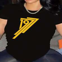 1 pieza, camiseta de manga corta de algodón puro clásica y versátil, ideal para usar en cualquier estación, dise?o con estampado 1977 para mujeres, estilo moderno.jpg - Negro - Ver 2