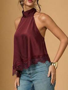 2026 Nuevo Llegado Blusa Asimétrica con Escote Halter y Encaje para Mujer, Top de Verano, San Valentín para Mujeres, Top para Salir, Top Negro, Estilo Old Money, Vacaciones, Primavera Mujer, Día de San Valentín - Burdeos - Ver 4