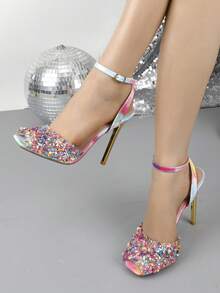 Square Toe High Heel Slip-On Sandals, Fashionable For Spring & Summer - Pink - View 5