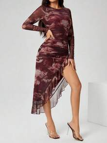 Vestido de fiesta asimétrico con abertura y hoja de loto para mujer - Negro - Ver 7