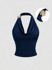 Top sin mangas con cuello de volantes inspirado en el estilo vintage, diseño de cintura fruncida, top de verano de moda para mujeres - Azul marino - Ver 1