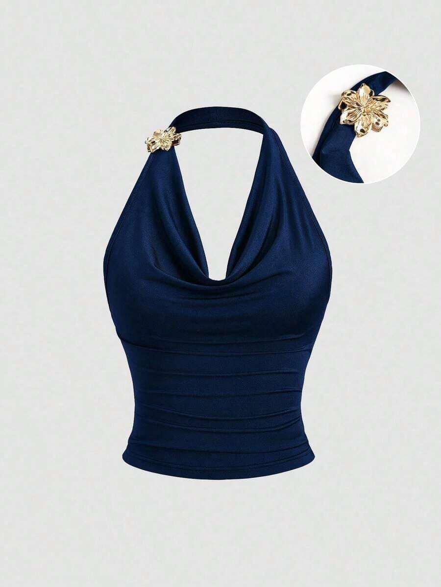 Top sin mangas con cuello de volantes inspirado en el estilo vintage, diseño de cintura fruncida, top de verano de moda para mujeres - Azul marino - Ver 1