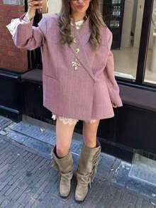 女款格紋編織布開衩口袋鈕扣寬鬆復古西裝外套，適合秋冬鄉村音樂節，粉色秋季款 - 粉色 - 查看 3
