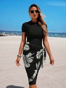 Conjunto de traje de baño burkini de 3 piezas con top de manga corta de unicolor, pantalones 7/8 y minifalda, adecuado para vacaciones de verano - Blanco y Negro - Ver 4