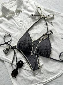 Conjunto de bikini de 2 piezas para mujer de verano con tela jacquard de unicolor, volantes en el borde y tirantes ajustables - Gris - Ver 1