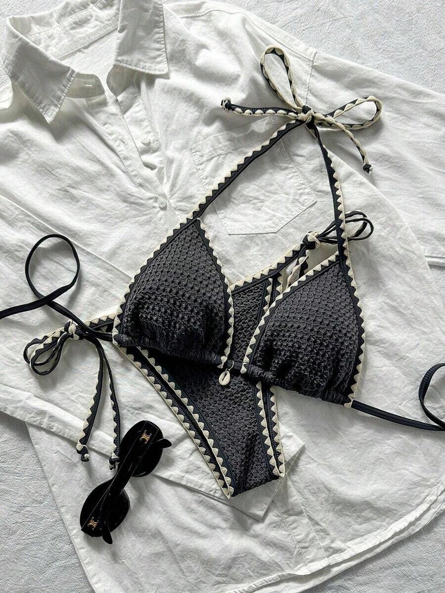 Conjunto de bikini de 2 piezas para mujer de verano con tela jacquard de unicolor, volantes en el borde y tirantes ajustables - Gris - Ver 1