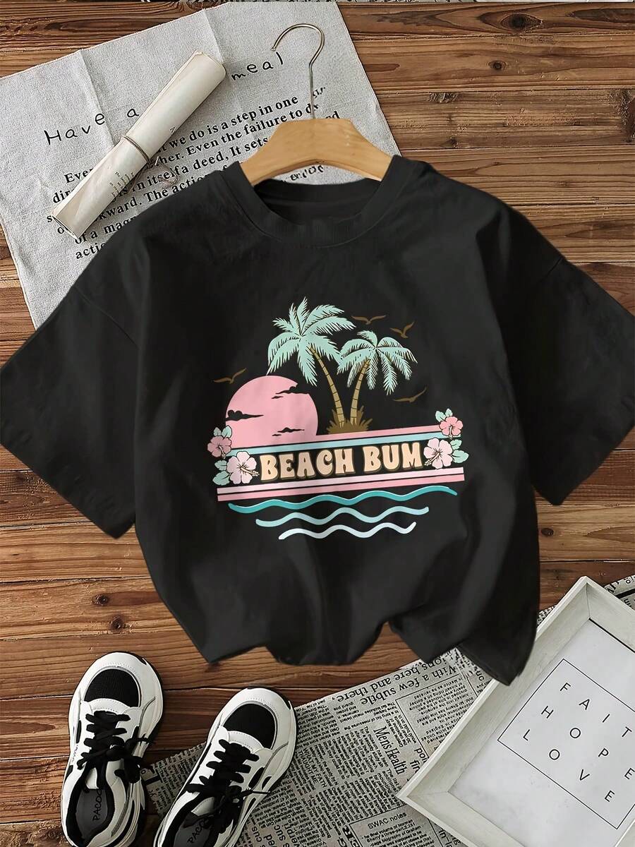 Camiseta con estampado gráfico, manga corta y cuello redondo, top casual para verano y primavera, ropa de mujer - Negro - Ver 1