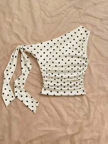 Blusa asimétrica de hombro con pliegues y estampado de lunares estilo Y2K para mujer - Albaricoque - Ver 2