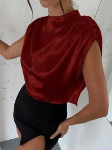 Blusa de mujer con cuello mao de unicolor y pliegues, informal y elegante, manga de murciélago fruncida, ajuste regular, top casual de uso diario para primavera/verano - Burdeos 3 - Ver 6