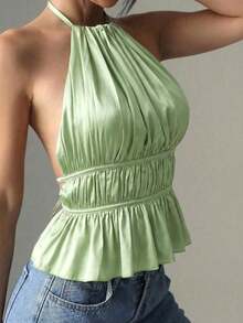 Camiseta sin mangas de satén con pliegues, cuello de halter y espalda descubierta, unicolor, de uso casual para mujer - Verde - Ver 5