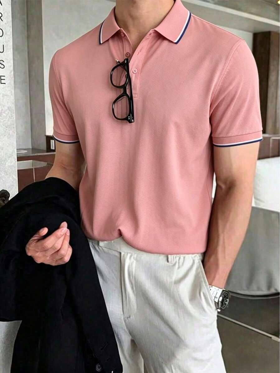 男士粉色短袖 Polo 衫,撞色领口饰边,质地细腻,抗皱,商务休闲,轻便运动风 Polo 衫 - 粉色 - 查看 1
