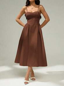 Vestido de verano elegante y estiloso de unicolor con tirantes de espagueti - Marrón - Ver 6