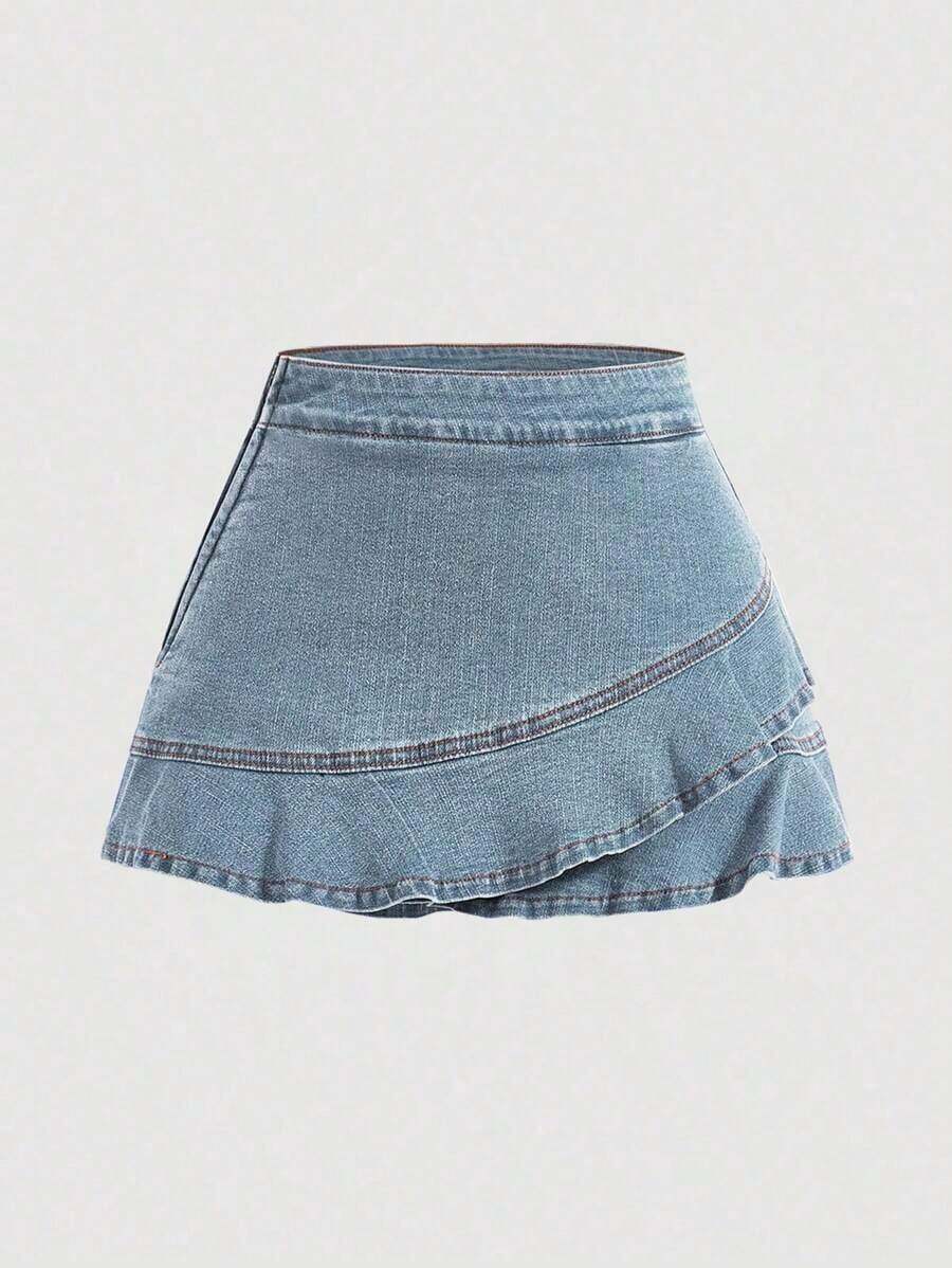 Women's Asymmetrical Hem Denim Skirt With Ruffle Trim - Negro - Ver 1