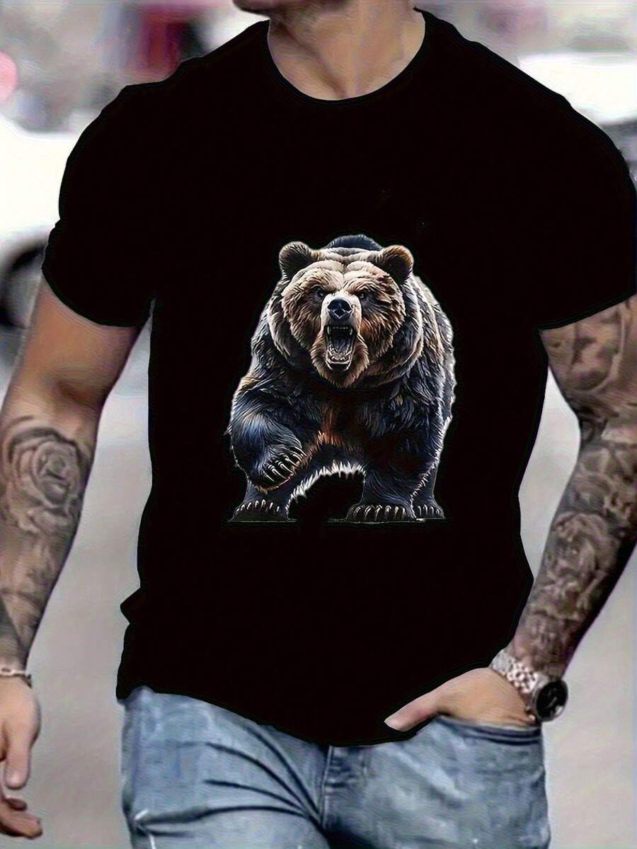 Camiseta Gráfica de Oso Pardo Rugiente para Hombre |   Camiseta Bold Wildlife con estampado realista de oso, cuello redondo, ajuste cómodo para todas las estaciones, camiseta casual de estilo urbano para moda urbana y actividades al aire libre, tela cómoda. - Negro - Ver 1