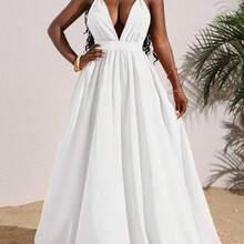 Slayr Women's Sexy Solid Orange Deep V-Neck Backless Cross Tied Long Dress, Summer Vacation - Rosa - Ver 10