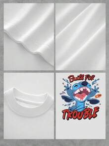Fun Blue Creature Figure Showing Energy And Rebellion With Paint And The Phrase "Built For Trouble" Symbolizing A Free And Cheerful Attitude. Comfortable Casual Women's T-Shirt For Everyday Wear - 白色 - 查看 4