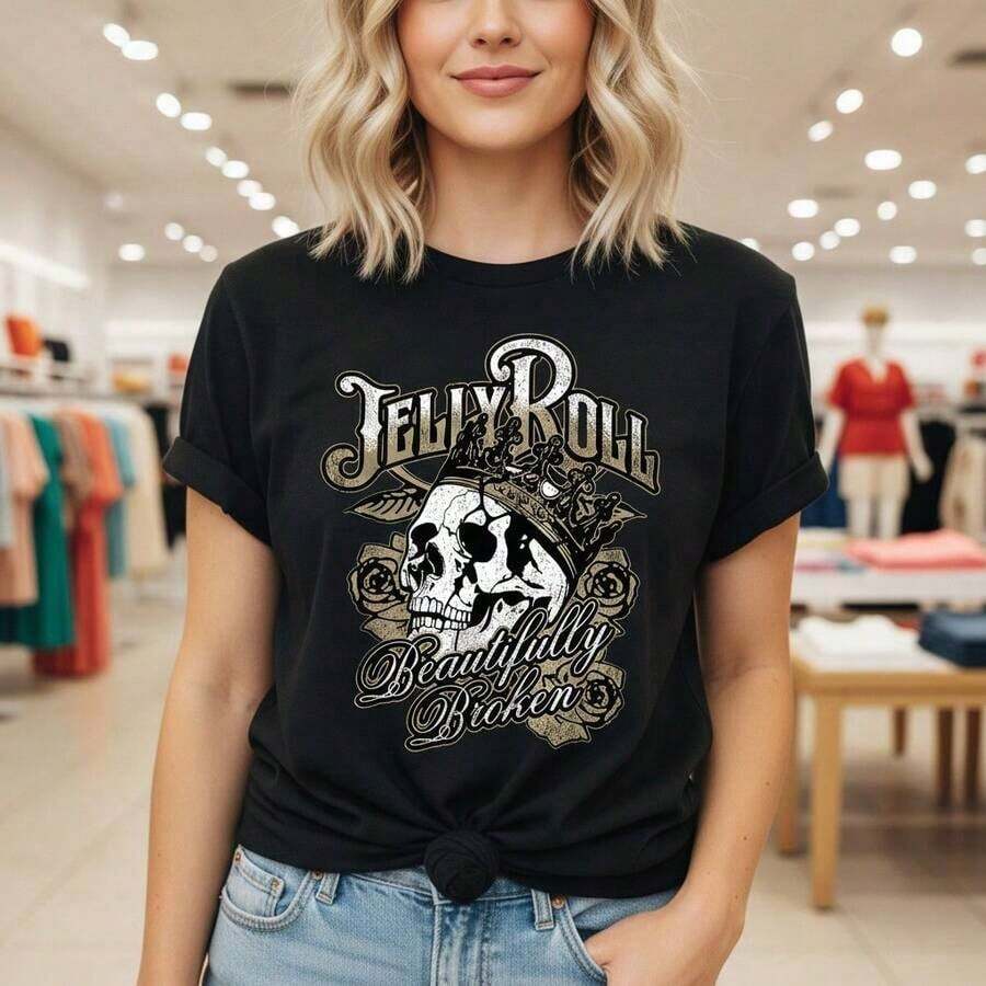 Jelly Roll Women's "Beautifully Broken" Graphic Print Cotton T-Shirt, Short Sleeve, Round Neck, Casual Style, Vintage Skull And Rose Design, Music Inspired Fashion, Comfortable For Everyday Wear, Suitable For Spring, Summer And Autumn. - 黑色 - 查看 1