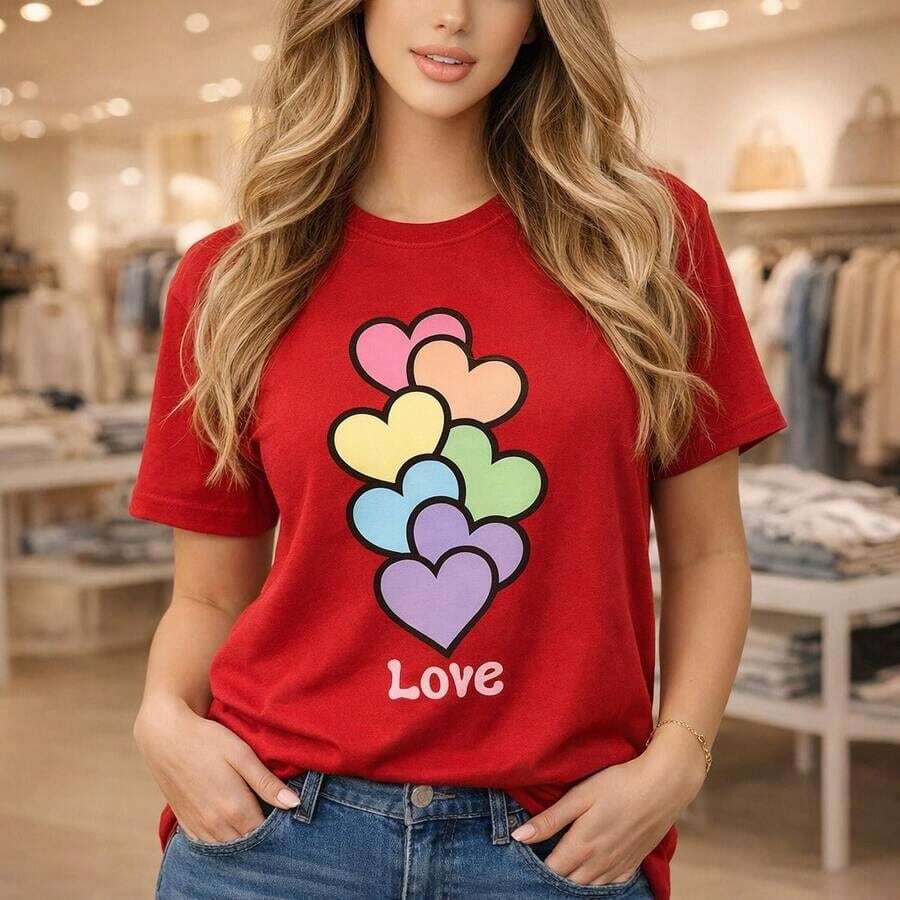 Plus Size Women's Cotton T-Shirt, Short Sleeve Top With Colorful Heart Print And The Inscription "Love", Casual Loose Fit, Soft And Comfortable Fabric, Everyday Basic, Plus Size Fashion Graphic Tee For Women. Suitable For Spring, Summer And Autumn. - 紅色 - 查看 1