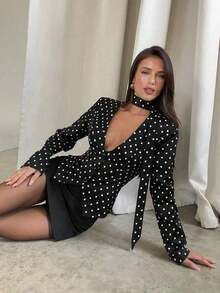 Chaqueta blazer de mujer con elegante estampado de lunares, adecuada para ir al trabajo - Negro - Ver 7