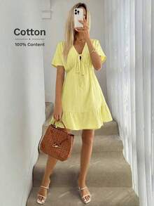 Vestido paraguas con cuello en V, lazo en los hombros, mangas caídas, cintura recogida, volantes en el bajo, de doble capa con textura de crepé 100% algodón, casual, relajado y elegante para uso diario, vacaciones, primavera y verano para mujeres - Amarillo - Ver 5