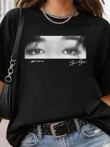 Camiseta retro sencilla y versátil con el patrón de ojos de Jimin, camiseta de Kim Ji-min, , regalo para fans, adecuada para todas las estaciones, cuello redondo, camiseta de algodón puro. - Negro - Ver 2