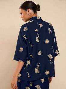 Camisa de lino negra de manga corta con bordado para mujer, camisa bordada casual, camisa negra de manga corta, camisa negra, camisa de vacaciones - Azul marino - Ver 3